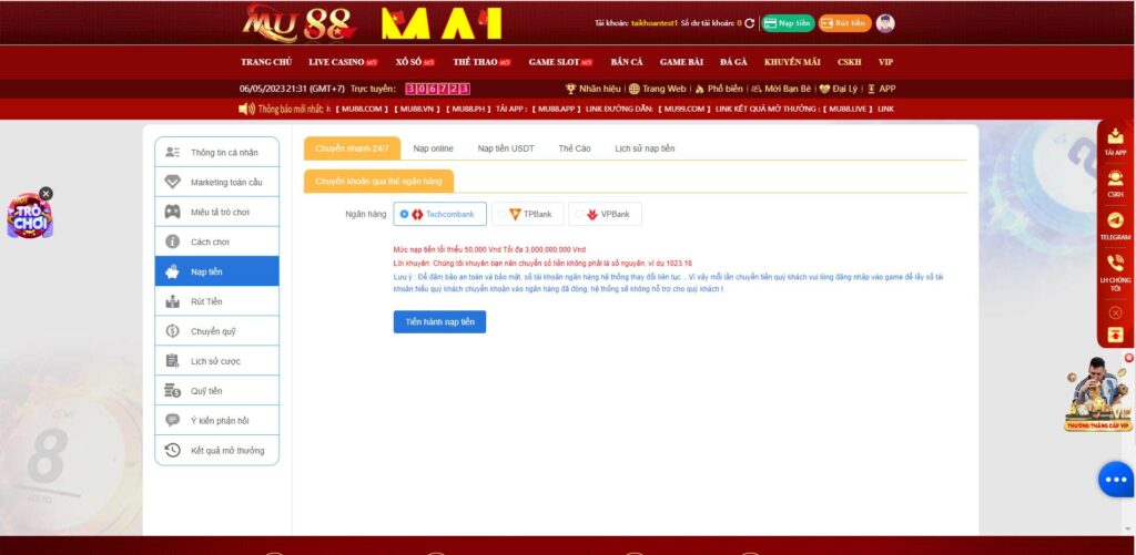 Một số phương thức nạp tiền MU88 khác ngoài ví Momo